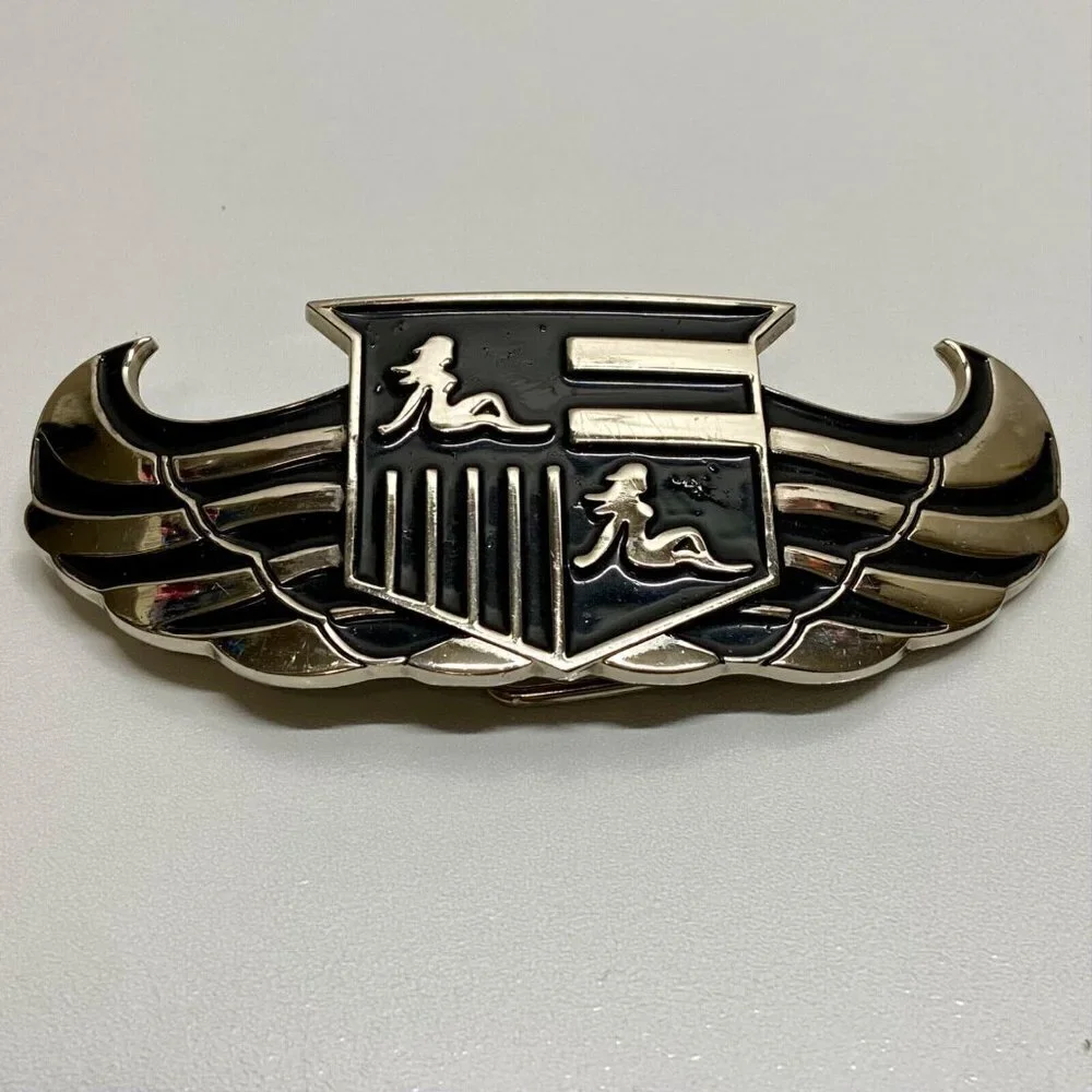 Cadillac 187 INC. Belt Buckle Bottle Opener Tool 5” Chrome Black Winged Logo Vtg